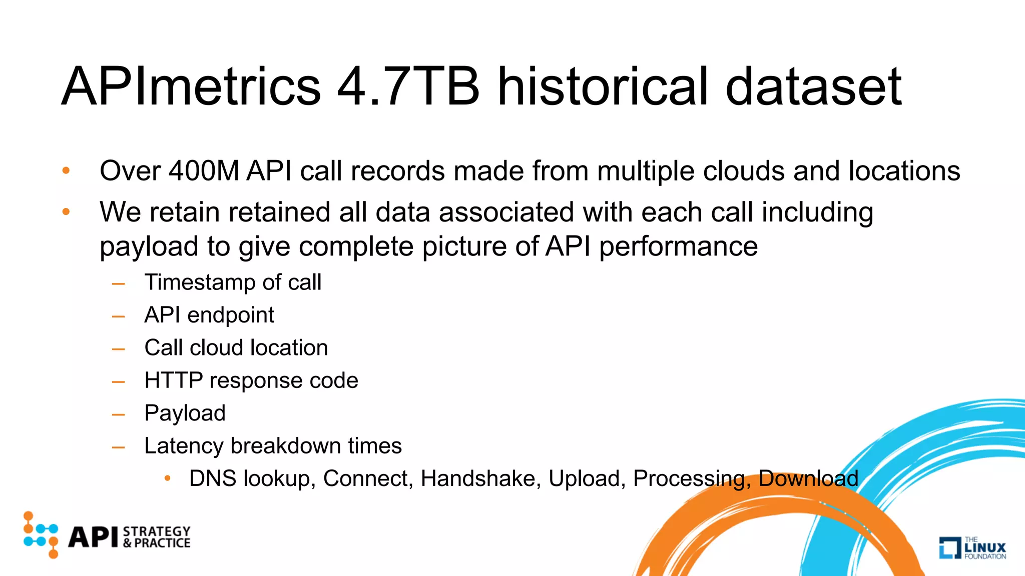 APImetrics 4.7TB historical dataset
• Over 400M API call records made from multiple clouds and locations
• We retain retained all data associated with each call including
payload to give complete picture of API performance
– Timestamp of call
– API endpoint
– Call cloud location
– HTTP response code
– Payload
– Latency breakdown times
• DNS lookup, Connect, Handshake, Upload, Processing, Download
 