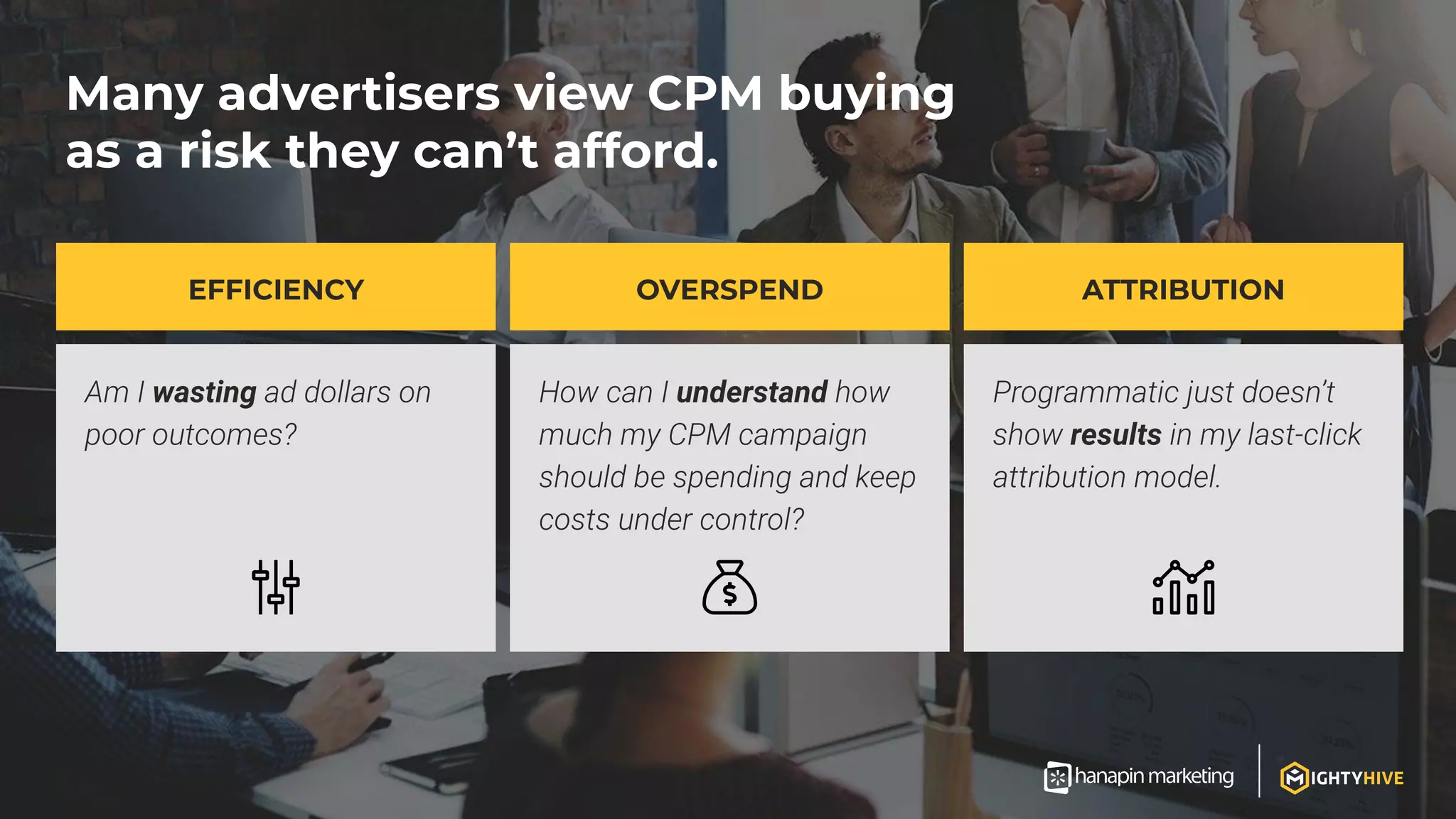 Many advertisers view CPM buying
as a risk they can’t afford.
OVERSPENDEFFICIENCY
wasting understand
results
ATTRIBUTION
 