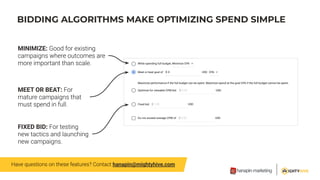 BIDDING ALGORITHMS MAKE OPTIMIZING SPEND SIMPLE
MINIMIZE:
FIXED BID:
MEET OR BEAT:
hanapin@mightyhive.com
 