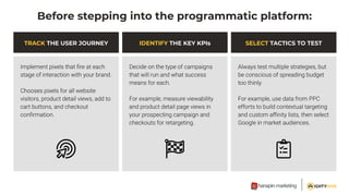 Before stepping into the programmatic platform:
TRACK THE USER JOURNEY SELECT TACTICS TO TESTIDENTIFY THE KEY KPIs
 