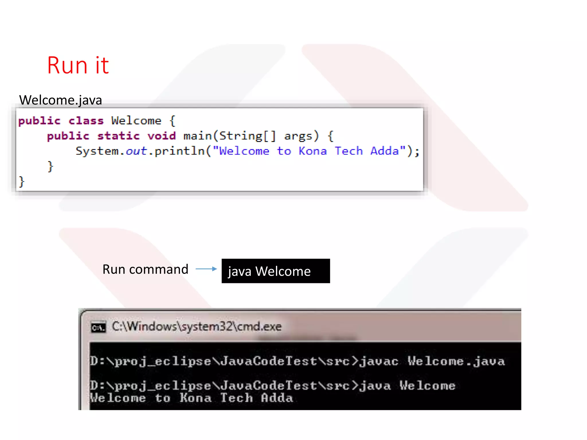 Compile it
javac Welcome.java
Welcome.java
Compile command
Compile output Welcome.class
 
