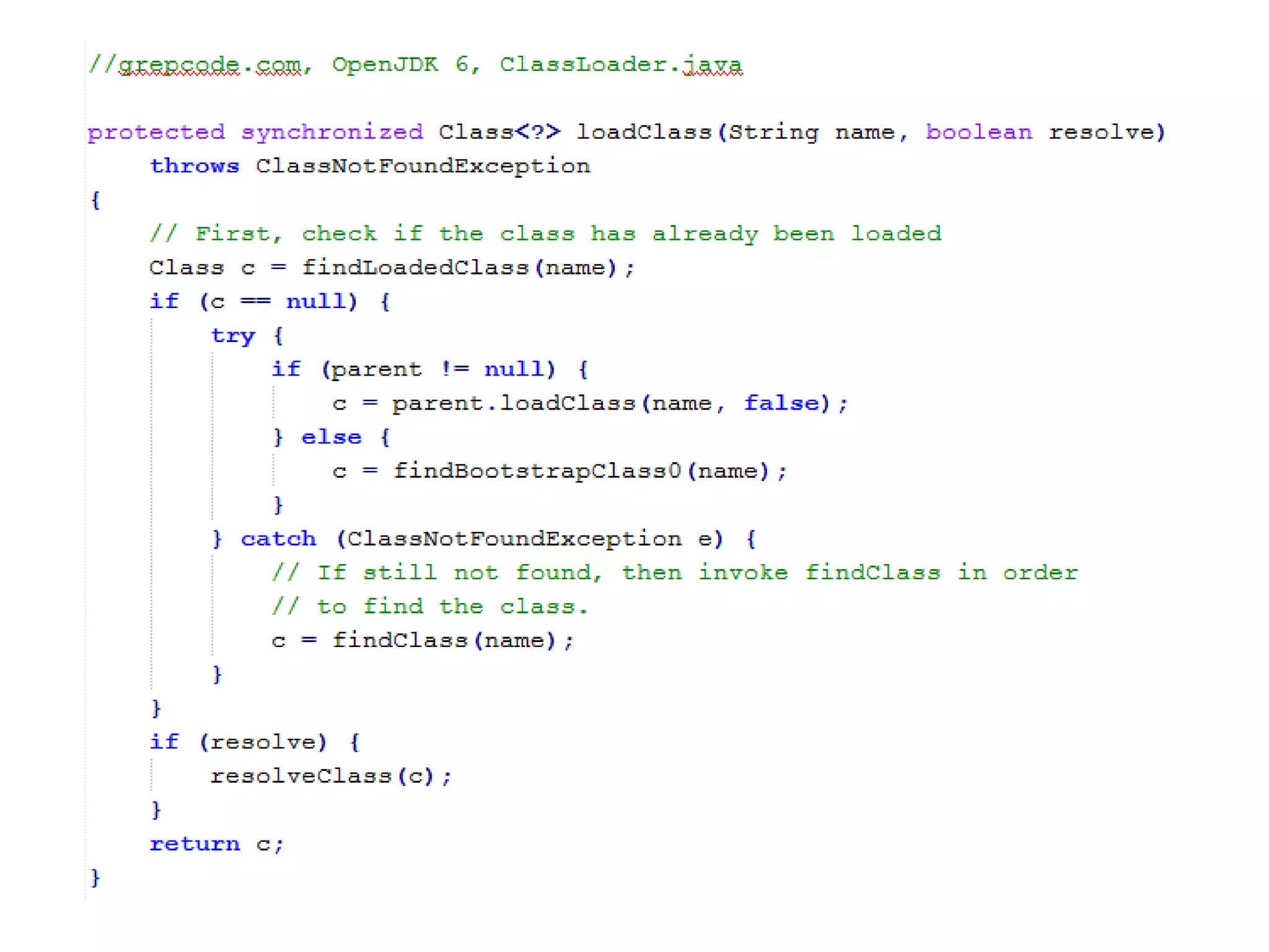 Takes classname
(i.e. com.konasl.test.Welcome)
Find the bytecode data
associated with this classname
Use defineClass() to decode
raw bytecode into Class
Use resolveClass() to resolve
the other referenced classes
Return the Class
Find in super classloaders for
this class
Find in self cache for this class
Put the Class in self cache
Simple Class Loading Procedure (cont.)
 