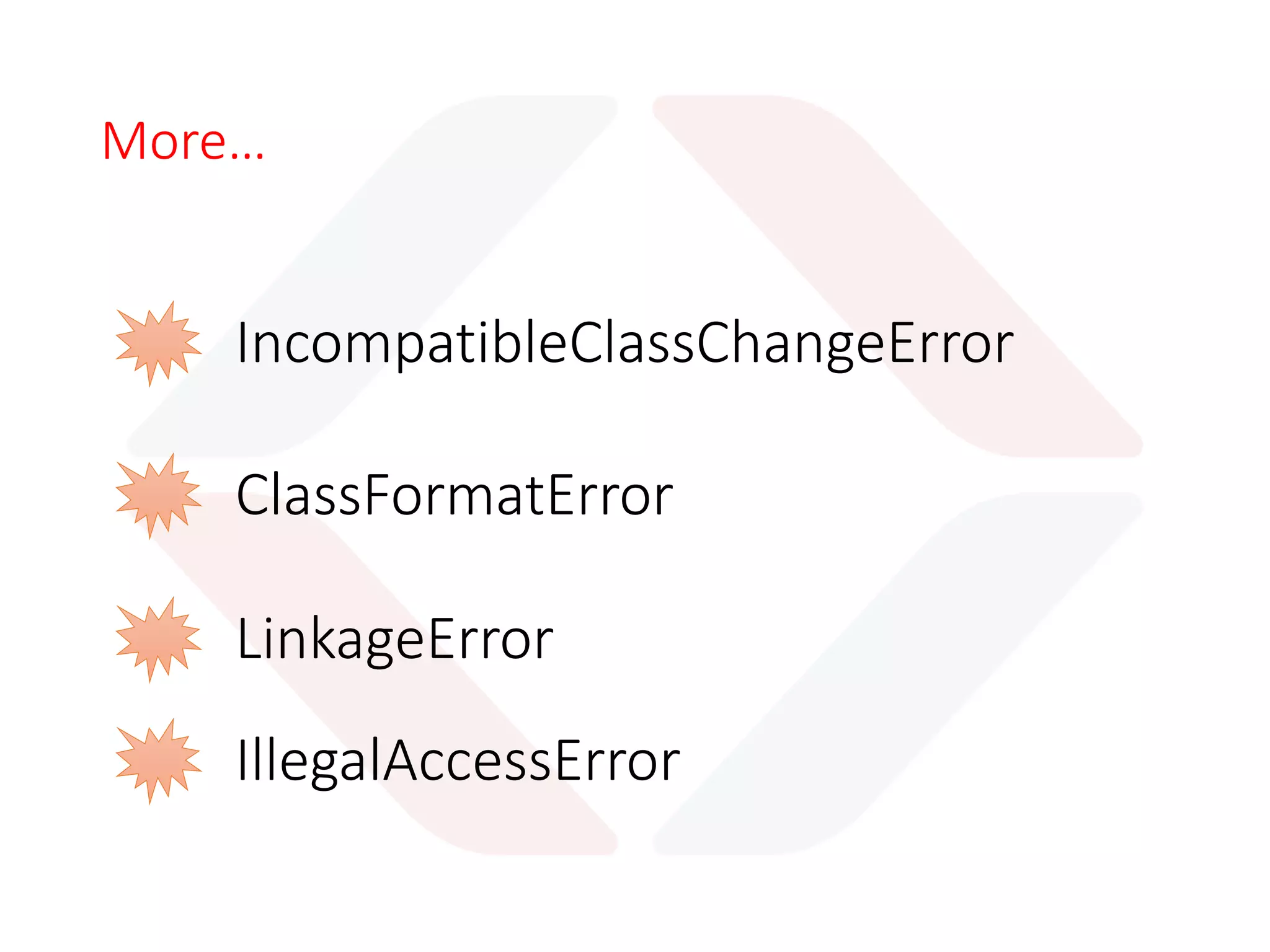 Phases of Class Loading
Loading
Verifying
Preparing
Resolving
Initializing
Linking
1. Bringing Binary
data from a class into
JVM
2. Incorporating the binary data
into the runtime state of the JVM
 