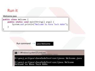 Compile it
javac Welcome.java
Welcome.java
Compile command
Compile output Welcome.class
 