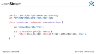 Steven Wade - @stevenwadejrhttps://joind.in/talk/41978
JsonStream
use GuzzleHttpPsr7StreamDecoratorTrait;
use PsrHttpMessageStreamInterface;
class JsonStream implements StreamInterface {
use StreamDecoratorTrait;
public function json(): ?array {
return json_decode((string) $this->getContents(), true);
}
}
 
