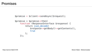 Steven Wade - @stevenwadejrhttps://joind.in/talk/41978
Promises
$promise = $client->sendAsync($request);
$promise = $promise->then(
function (ResponseInterface $response) {
return json_decode(
$response->getBody()->getContents(),
true
);
});
 