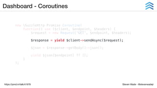 Steven Wade - @stevenwadejrhttps://joind.in/talk/41978
Dashboard - Coroutines
new GuzzleHttpPromiseCoroutine(
function() use ($client, $endpoint, $headers) {
$request = new Request('GET', $endpoint, $headers);
$response = yield $client->sendAsync($request);
$json = $response->getBody()->json();
yield $json[$endpoint] ?? [];
}
);
 