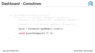 Steven Wade - @stevenwadejrhttps://joind.in/talk/41978
Dashboard - Coroutines
new GuzzleHttpPromiseCoroutine(
function() use ($client, $endpoint, $headers) {
$request = new Request('GET', $endpoint, $headers);
$response = yield $client->sendAsync($request);
$json = $response->getBody()->json();
yield $json[$endpoint] ?? [];
}
);
 