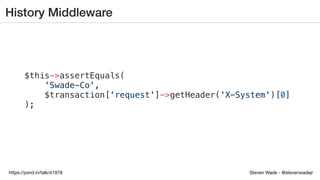 Steven Wade - @stevenwadejrhttps://joind.in/talk/41978
History Middleware
$this->assertEquals(
'Swade-Co',
$transaction['request']->getHeader('X-System')[0]
);
 