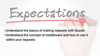 Steven Wade - @stevenwadejrhttps://joind.in/talk/41978
• Understand the basics of making requests with Guzzle
• Understand the concept of middleware and how to use it
within your requests
 
