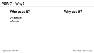 Steven Wade - @stevenwadejrhttps://joind.in/talk/41978
PSR-7 - Why?
Who uses it? Why use it?
By default:
• Guzzle
 