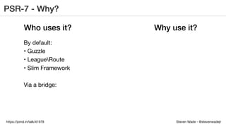 Steven Wade - @stevenwadejrhttps://joind.in/talk/41978
PSR-7 - Why?
Who uses it? Why use it?
By default:
• Guzzle
• LeagueRoute
• Slim Framework
Via a bridge:
 