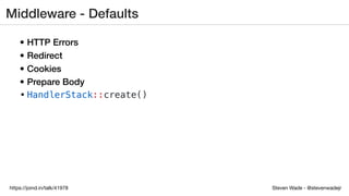 Steven Wade - @stevenwadejrhttps://joind.in/talk/41978
Middleware - Defaults
• HTTP Errors
• Redirect
• Cookies
• Prepare Body
• HandlerStack::create()
 