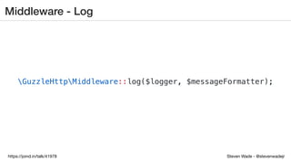 Steven Wade - @stevenwadejrhttps://joind.in/talk/41978
Middleware - Log
GuzzleHttpMiddleware::log($logger, $messageFormatter);
 