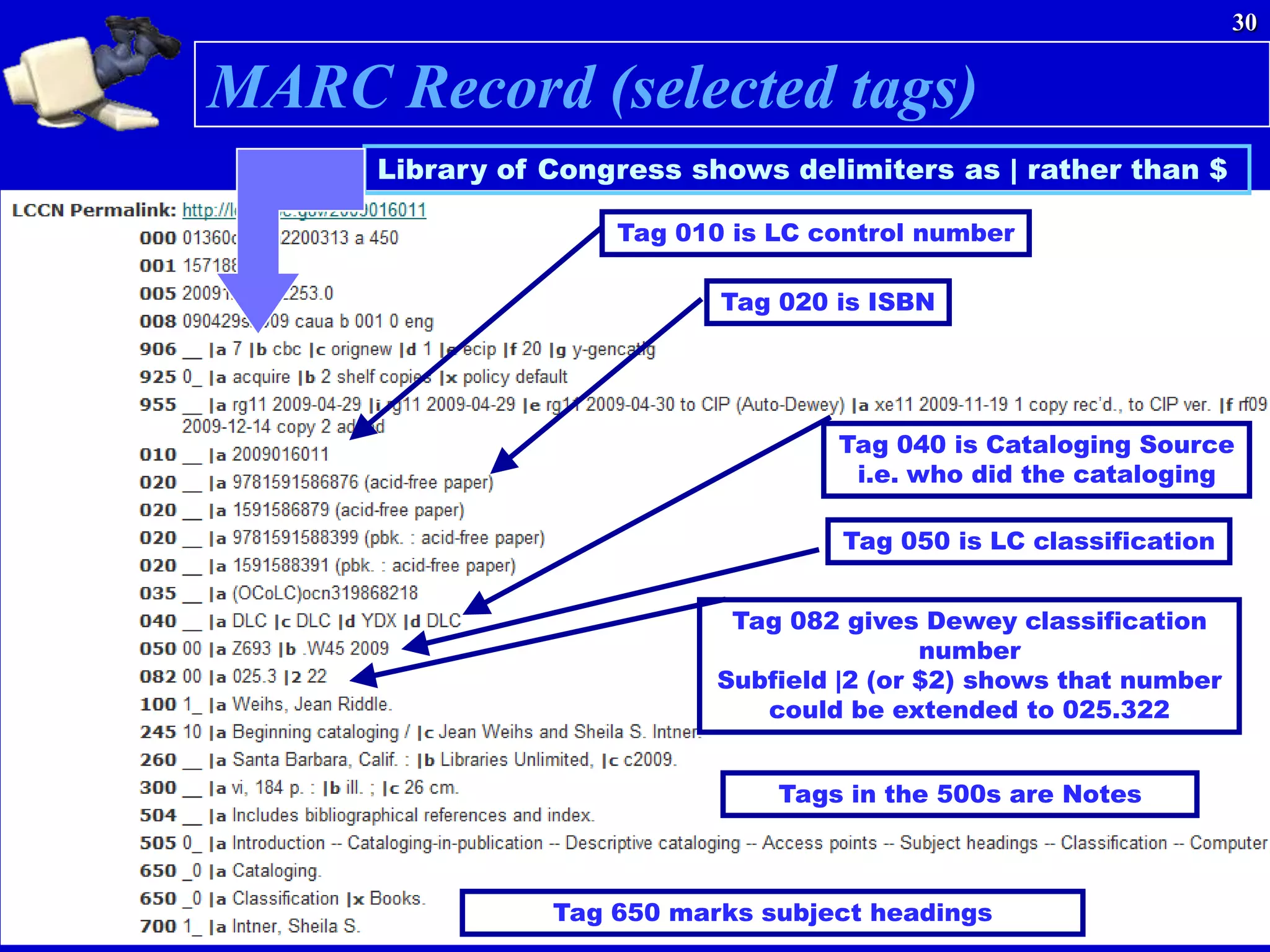 30


MARC Record (selected tags)
     Library of Congress shows delimiters as | rather than $

                    Tag 010 is LC control number

                           Tag 020 is ISBN




                                   Tag 040 is Cataloging Source
                                    i.e. who did the cataloging

                                    Tag 050 is LC classification


                            Tag 082 gives Dewey classification
                                           number
                           Subfield |2 (or $2) shows that number
                              could be extended to 025.322


                               Tags in the 500s are Notes



                Tag 650 marks subject headings
 