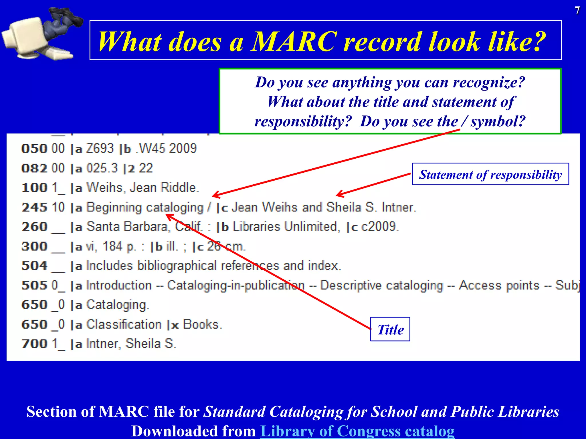 7


         What does a MARC record look like?
                                Do you see anything you can recognize?
                                  What about the title and statement of
                                responsibility? Do you see the / symbol?


                                                          Statement of responsibility




                                                  Title




Section of MARC file for Standard Cataloging for School and Public Libraries
             Downloaded from Library of Congress catalog
 