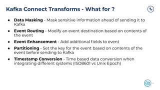 Kafka Connect Transforms - What for ?
23
● Data Masking - Mask sensitive information ahead of sending it to
Kafka
● Event Routing - Modify an event destination based on contents of
the event
● Event Enhancement - Add additional ﬁelds to event
● Partitioning - Set the key for the event based on contents of the
event before sending to Kafka
● Timestamp Conversion - Time based data conversion when
integrating different systems (ISO8601 vs Unix Epoch)
 
