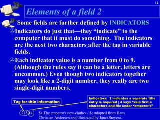 Elements of a field 2 Some fields are further defined by  INDICATORS Indicators do just that—they “indicate” to the computer that it must do something.  The indicators are the next two characters after the tag in variable fields.  Each indicator value is a number from 0 to 9. (Although the rules say it can be a letter, letters are uncommon.) Even though two indicators together may look like a 2-digit number, they really are two single-digit numbers. Tag for title information Indicators:  1 indicates a separate title entry is required ; 4 says “skip first 4 characters and file under “emperor’s” 245 14  $a The emperor's new clothes / $c adapted from Hans Christian Andersen and illustrated by Janet Stevens.  
