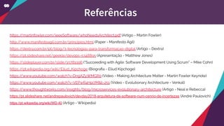 https://martinfowler.com/ieeeSoftware/whoNeedsArchitect.pdf (Artigo - Martin Fowler)
http://www.manifestoagil.com.br/principios.html (Paper - Manifesto Ágil)
https://dextra.com.br/pt/blog/3-tecnologias-para-transformacao-digital (Artigo - Dextra)
https://pt.slideshare.net/geekle/devops-5348895 (Apresentação - Matthew Jones)
https://slideplayer.com.br/slide/15781996 (“Succeeding with Agile: Software Development Using Scrum” – Mike Cohn)
https://pt.wikipedia.org/wiki/Eliud_Kipchoge (Biograﬁa - Eliud Kipchoge)
https://www.youtube.com/watch?v=DngAZyWMGR0 (Vídeo - Making Architecture Matter - Martin Fowler Keynote)
https://www.youtube.com/watch?v=VEPwR4Hpi7M&t=25s (Vídeo - Evolutionary Architecture - Venkat)
https://www.thoughtworks.com/insights/blog/microservices-evolutionary-architecture (Artigo - Neal e Rebecca)
https://pt.slideshare.net/andrepaulovich/devday2018-arquitetura-de-software-num-cenrio-de-incertezas (André Paulovich)
https://pt.wikipedia.org/wiki/WD-40 (Artigo - Wikipedia)
Referências
 