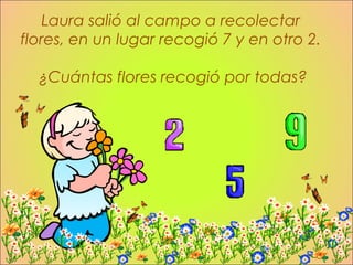 Laura salió al campo a recolectar
flores, en un lugar recogió 7 y en otro 2.

  ¿Cuántas flores recogió por todas?
 
