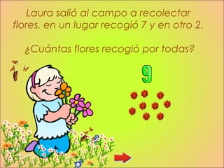 Laura salió al campo a recolectar
flores, en un lugar recogió 7 y en otro 2.

  ¿Cuántas flores recogió por todas?
 