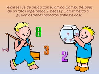 Felipe se fue de pesca con su amigo Camilo. Después
 de un rato Felipe pescó 2 peces y Camilo pescó 6.
       ¿Cuántos peces pescaron entre los dos?
 