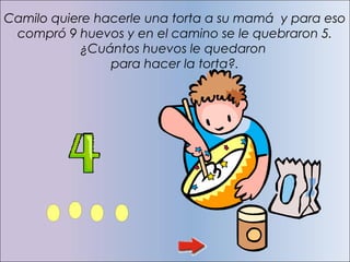 Camilo quiere hacerle una torta a su mamá y para eso
 compró 9 huevos y en el camino se le quebraron 5.
           ¿Cuántos huevos le quedaron
                para hacer la torta?.
 