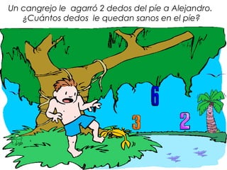 Un cangrejo le agarró 2 dedos del píe a Alejandro.
   ¿Cuántos dedos le quedan sanos en el píe?
 