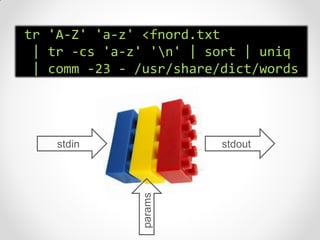 tr 'A-Z' 'a-z' <fnord.txt
 | tr -cs 'a-z' 'n' | sort | uniq
 | comm -23 - /usr/share/dict/words




    stdin      params    stdout
 