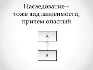 Наследование –
тоже вид зависимости,
  причем опасный

          A




          B
 
