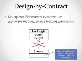 Design-by-Contract
• Контракт базового класса не
  должен нарушаться наследниками

            Rectangle
              Width
              Height



             Square     При присваивании
                         Width синхронно
                        меняется Height и
                            наоборот
 