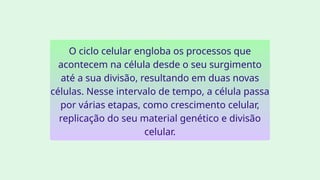 O ciclo celular engloba os processos que
acontecem na célula desde o seu surgimento
até a sua divisão, resultando em duas novas
células. Nesse intervalo de tempo, a célula passa
por várias etapas, como crescimento celular,
replicação do seu material genético e divisão
celular.
 