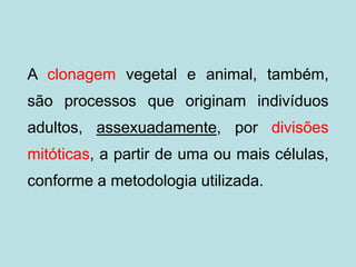 A clonagem vegetal e animal, também,
são processos que originam indivíduos
adultos, assexuadamente, por divisões
mitóticas, a partir de uma ou mais células,
conforme a metodologia utilizada.
 