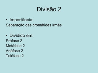 Divisão 2
• Importância:
Separação das cromátides irmãs
• Dividido em:
Prófase 2
Metáfase 2
Anáfase 2
Telófase 2
 