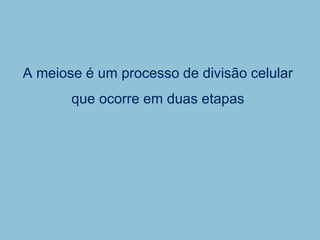 A meiose é um processo de divisão celular
que ocorre em duas etapas
 