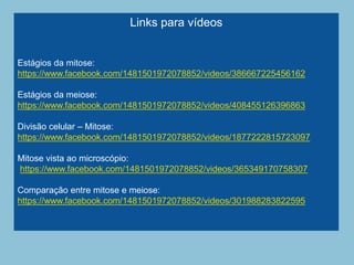 Links para vídeos
Estágios da mitose:
https://www.facebook.com/1481501972078852/videos/386667225456162
Estágios da meiose:
https://www.facebook.com/1481501972078852/videos/408455126396863
Divisão celular – Mitose:
https://www.facebook.com/1481501972078852/videos/1877222815723097
Mitose vista ao microscópio:
https://www.facebook.com/1481501972078852/videos/365349170758307
Comparação entre mitose e meiose:
https://www.facebook.com/1481501972078852/videos/301988283822595
 