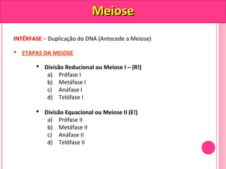 INTÉRFASE – Duplicação do DNA (Antecede a Meiose) 
 ETAPAS DA MEIOSE 
 Divisão Reducional ou Meiose I – (R!) 
a) Prófase I 
b) Metáfase I 
c) Anáfase I 
d) Telófase I 
 Divisão Equacional ou Meiose II (E!) 
a) Prófase II 
b) Metáfase II 
c) Anáfase II 
d) Telófase II 
MMeeiioossee 
 