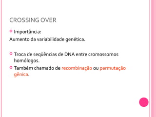 CROSSING OVER 
 Importância: 
Aumento da variabilidade genética. 
 Troca de seqüências de DNA entre cromossomos 
homólogos. 
 Também chamado de recombinação ou permutação 
gênica. 
 