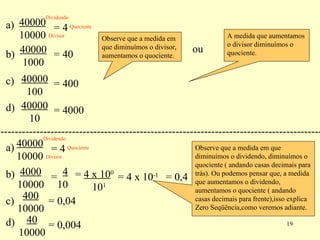 40000 10000 = 4 a) b) 40000  1000 = 40 Dividendo Divisor Quociente c) 40000  100 = 400 d) 40000  10 = 4000 Observe que a medida em que diminuímos o divisor, aumentamos o quociente. ou A medida que aumentamos o divisor diminuímos o quociente. a) ------------------------------------------------------------------------------------------ 40000 10000 = 4 Dividendo Divisor Quociente 4000  10000 b) = 4  10  =  4 x 10 0 10 1 = 4 x 10 -1   = 0,4 c) 400  10000 = 0,04 d) 40  10000 = 0,004 Observe que a medida em que diminuímos o dividendo, diminuímos o quociente ( andando casas decimais para trás). Ou podemos pensar que, a medida que aumentamos o dividendo, aumentamos o quociente ( andando casas decimais para frente),isso explica Zero Seqüência,como veremos adiante. 