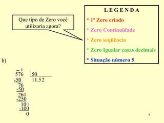 576  50 , 1 -50 7 -50 26 h)  L E G E N D A * 1º Zero criado * Zero Continuidade * Zero seqüência * Zero Igualar casas decimais * Situação número 5 ( 1 5 2 6 0 -250 10 0 Que tipo de Zero você utilizaria agora? -100 0 