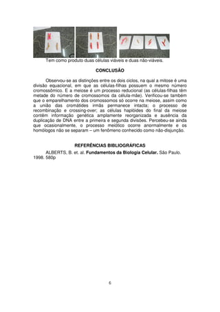 Tem como produto duas células viáveis e duas não-viáveis.
CONCLUSÃO
Observou-se as distinções entre os dois ciclos, na qual a mitose é uma
divisão equacional, em que as células-filhas possuem o mesmo número
cromossômico. E a meiose é um processo reducional (as células-filhas têm
metade do número de cromossomos da célula-mãe). Verificou-se também
que o emparelhamento dos cromossomos só ocorre na meiose, assim como
a união das cromátides irmãs permanece intacta; o processo de
recombinação e crossing-over; as células haplóides do final da meiose
contêm informação genética amplamente reorganizada e ausência da
duplicação de DNA entre a primeira e segunda divisões. Percebeu-se ainda
que ocasionalmente, o processo meiótico ocorre anormalmente e os
homólogos não se separam – um fenômeno conhecido como não-disjunção.
REFERÊNCIAS BIBLIOGRÁFICAS
ALBERTS, B. et. al. Fundamentos da Biologia Celular. São Paulo.
1998. 580p
6
 