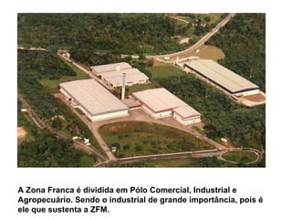 A Zona Franca é dividida em Pólo Comercial, Industrial e
Agropecuário. Sendo o industrial de grande importância, pois é
ele que sustenta a ZFM.
 