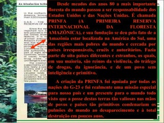 Desde meados dos anos 80 a mais importante
floresta do mundo passou a ser responsabilidade dos
Estados Unidos e das Nações Unidas. É chamada
PRINFA (A PRIMEIRA RESERVA
INTERNACIONAL DA FLORESTA
AMAZÔNICA), e sua fundação se deu pelo fato de a
Amazônia estar localizada na América do Sul, uma
das regiões mais pobres do mundo e cercada por
países irresponsáveis, cruéis e autoritários. Fazia
parte de oito países diferentes e estranhos, os quais,
em sua maioria, são reinos da violência, do tráfego
de drogas, da ignorância, e de um povo sem
inteligência e primitivo.
A criação da PRINFA foi apoiada por todas as
nações do G-23 e foi realmente uma missão especial
para nosso país e um presente para o mundo todo
visto que a posse destas terras tão valiosas nas mãos
de povos e países tão primitivos condenariam os
pulmões do mundo ao desaparecimento e à total
destruição em poucos anos.
 