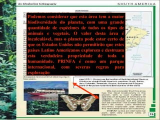 Podemos considerar que esta área tem a maior
biodiversidade do planeta, com uma grande
quantidade de espécimes de todos os tipos de
animais e vegetais. O valor desta área é
incalculável, mas o planeta pode estar certo de
que os Estados Unidos não permitirão que estes
países Latino Americanos explorem e destruam
esta verdadeira propriedade de toda a
humanidade. PRINFA é como um parque
internacional, com severas regras para
exploração
 