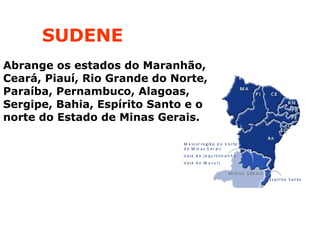 SUDENE
Abrange os estados do Maranhão,
Ceará, Piauí, Rio Grande do Norte,
Paraíba, Pernambuco, Alagoas,
Sergipe, Bahia, Espírito Santo e o
norte do Estado de Minas Gerais.
 