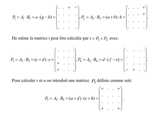 .
....
....
...
...
)(,
....
....
....
..
)( 222111


























 
 hbaBAPhgaBAP
De même la matrice t peut être calculée par avec:
Pour calculer r et u on introduit une matrice définie comme suit:
43 PPt 
.
..
....
....
....
)(,
...
...
....
....
)( 444333




























 efdBAPedcBAP
5P
.
..
....
....
..
)()(555














 hedaBAP
 