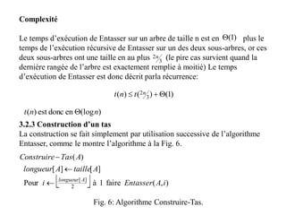 Complexité
Le temps d’exécution de Entasser sur un arbre de taille n est en plus le
temps de l’exécution récursive de Entasser sur un des deux sous-arbres, or ces
deux sous-arbres ont une taille en au plus (le pire cas survient quand la
dernière rangée de l’arbre est exactement remplie à moitié) Le temps
d’exécution de Entasser est donc décrit parla récurrence:
3.2.3 Construction d’un tas
La construction se fait simplement par utilisation successive de l’algorithme
Entasser, comme le montre l’algorithme à la Fig. 6.
)1(
3
2n
)1()()( 3
2  ntnt
)(logendoncest)( nnt 
  ),(faire1àPour
][][
)(
2
][
iAEntasseri
AtailleAlongueur
ATasConstruire
Alongueur



Fig. 6: Algorithme Construire-Tas.
 