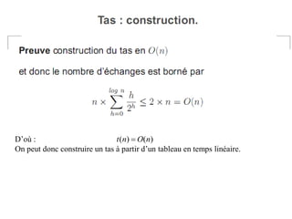D’où :
On peut donc construire un tas à partir d’un tableau en temps linéaire.
)()( nOnt 
 
