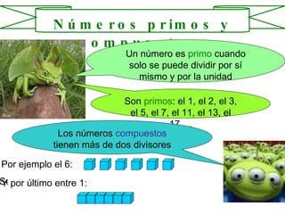 Un número es  primo  cuando solo se puede dividir por sí mismo y por la unidad Son  primos : el 1, el 2, el 3, el 5, el 7, el 11, el 13, el 17…. Los números  compuestos  tienen más de dos divisores Por ejemplo el 6: Se puede dividir entre 2 Se puede dividir entre 3 : Se puede dividir entre 6: Y por último entre 1: Números primos y compuestos 