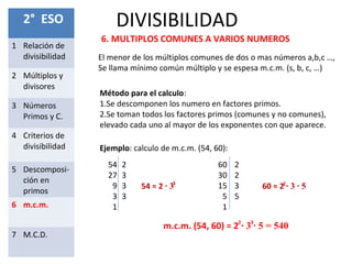 DIVISIBILIDAD2° ESO
1 Relación de
divisibilidad
2 Múltiplos y
divisores
3 Números
Primos y C.
4 Criterios de
divisibilidad
5 Descomposi-
ción en
primos
6 m.c.m.
7 M.C.D.
6. MULTIPLOS COMUNES A VARIOS NUMEROS
El menor de los múltiplos comunes de dos o mas números a,b,c …,
Se llama mínimo común múltiplo y se espesa m.c.m. (s, b, c, …)
Método para el calculo:
1.Se descomponen los numero en factores primos.
2.Se toman todos los factores primos (comunes y no comunes),
elevado cada uno al mayor de los exponentes con que aparece.
Ejemplo: calculo de m.c.m. (54, 60):
54
27
9
3
1
2
3
3
3
60
30
15
5
1
2
2
3
5
54 = 2 ∙ 33
60 = 2 ∙ 3 ∙ 52
m.c.m. (54, 60) = 2 ∙ 3 ∙ 5 = 5402 3
 